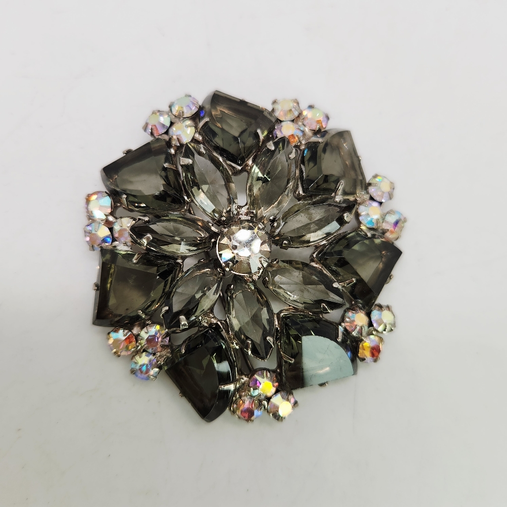 Juliana D&E Silver Tone Gray Black Diamond Ab Rhinestone 3d Flower Pin Brooch